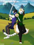 absurd_res anthro beard brown_eyes canid canine canis clothing cloud dingo facial_hair felid grass gun hi_res male male/male mammal moises_dingo_(character) mountain musket pantherine plant ranged_weapon sky sowrds stripes tiger tunica weapon yellow_eyes yoshitora_kibagami_(character) zaykowo