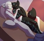  anthro bed black black_fur canine casparr circuit circuits cuddling cute duo fur gay kajowwojak kajowwojak_(character) male mammal nude sheath smile white white_fur wolf 