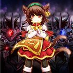  animal_ears blue_oni brown_hair cat_ears cat_tail chen crossed_arms dress earrings hat horn jewelry multiple_tails oni pantyhose red_eyes red_oni short_hair smile solo sore_(whirlwind) tail touhou 