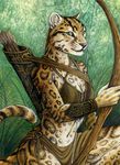  archer arrow bent_legs black_nose bow clothed clothing feline female green_eyes looking_at_viewer mammal navel ocelot outside rukis side_view solo spots warrior whiskers 