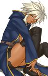  boots dark_skin gus_(clarkii) light_smile original simple_background sitting solo thigh_boots thighhighs white_background white_hair yellow_eyes 