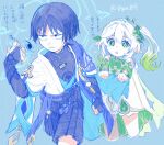  1boy 1girl arm_at_side armor black_bodysuit black_bow black_bridal_gauntlets black_eyes black_shorts bloomers blue_background blue_gemstone blue_halo blue_kimono blue_sleeves blunt_ends bodysuit bow bracelet bridal_gauntlets cape cape_grab clenched_hand clenched_hands clothes_grab cropped_legs detached_sleeves dress eyelashes feathers flying_sweatdrops furisode gem genshin_impact gold gold_ring gold_trim green_cape green_eyes green_hair green_sleeves hair_between_eyes hair_ornament hakama hakama_shorts half_crown_braid halo halo_behind_head highres ishikoro1645 japanese_armor japanese_clothes jewelry juban kimono kote kurokote layered_sleeves leaf leaf_hair_ornament looking_at_another looking_to_the_side mandarin_collar middle_ring multicolored_hair nahida_(genshin_impact) open_clothes open_kimono open_mouth outstretched_arms parted_lips pleated_shorts pointy_ears pom_pom_(clothes) purple_cape purple_hair purple_rope purple_sash rope sanpaku sash scaramouche_(genshin_impact) short_sleeves shorts sketch streaked_hair tareme tassel translation_request twitter_username v-shaped_eyebrows vision_(genshin_impact) vortex wanderer_(genshin_impact) white_bloomers white_dress white_kimono white_mouth white_sleeves white_trim wispy_bangs yellow_feathers 