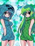  artist_request blue_hair breasts charged_creeper creeparka creeper cube dual_persona electricity flat_chest green_hair grin hands_in_pockets hood large_breasts long_hair minecraft multiple_girls no_pants smile zipper 