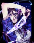  alice:_madness_returns alice_(wonderland) alice_in_wonderland arm_up bad_id bad_pixiv_id blue blue_eyes bug butterfly insect irorigumi knife parted_lips short_sleeves solo 