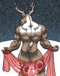  anthro antlers back_turned biceps big_muscles brown_fur butt cervine christmas fur holidays horn looking_at_viewer male mammal muscles nude pose reindeer ripped-saurian smile snow solo white_fur xmas 