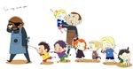  1girl 6+boys age_difference avengers black_widow black_widow_(marvel) blood bruce_banner captain_america chibi clint_barton dark_skin eyepatch hawkeye_(marvel) loki_(marvel) marvel mcu multiple_boys natasha_romanoff nick_fury phil_coulson size_difference steve_rogers thor_(marvel) tony_stark young younger 