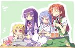  :d ^_^ blonde_hair blue_hair braid closed_eyes commentary_request controller fang flandre_scarlet game_console game_controller glass holding hong_meiling long_hair multiple_girls no_hat no_headwear open_mouth patchouli_knowledge playing_games pointing purple_eyes purple_hair red_eyes red_hair remilia_scarlet satou_kibi side_ponytail sitting smile super_famicom sweatdrop touhou twin_braids 