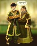  2boys avatar:_the_last_airbender avatar_legends beard black_hair blurry blurry_background burn_scar chinese_clothes closed_eyes cup english_text facial_hair full_body green_pants green_theme grey_hair hand_on_another&#039;s_shoulder hashtag-only_commentary hat highres holding icandrawthingz iroh light_blush long_hair looking_at_viewer male_focus multiple_boys old old_man open_mouth pants scar scar_on_face short_hair smile standing steam uncle_and_nephew yellow_eyes zuko 