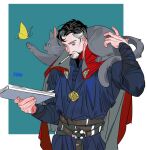  1boy animal animal_ears animal_nose artist_name belt black_hair blue_background blue_eyes blue_shirt book border brown_belt bug butterfly butterfly_wings cat cat_ears cat_tail cigarette cloak doctor_strange facial_hair fang fingernails grey_cat grey_cloak grey_fur hands_up highres holding holding_book insect_wings jewelry karmaho long_sleeves looking_at_viewer male_focus marvel marvel_cinematic_universe multicolored_hair necklace open_book outside_border red_cloak shirt short_hair simple_background smoking streaked_hair tail teeth two-sided_cloak two-sided_fabric white_border white_hair wings yellow_butterfly 