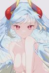  1girl absurdres artist_request blonde_hair blue_hair breasts closed_mouth commission grey_background highres horns large_breasts long_hair looking_at_viewer looking_to_the_side multicolored_hair multicolored_horns nipples original red_eyes second-party_source simple_background smile solo upper_body 
