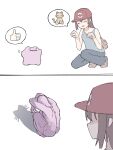 2025 2koma 5_fingers absurd_res baseball_cap blush bottomwear brown_bag brown_clothing brown_footwear brown_hair brown_shoes cat_shadow_puppet_(meme) closed_smile clothing comic ditto_(pokemon) duo emoji eyes_closed female fingers footwear generation_1_pokemon grey_clothing grey_shirt grey_tank_top grey_topwear hair hat headgear headwear hi_res human humor kneeling long_hair mammal meme mouth_closed nintendo on_one_knee open_mouth open_smile pants paw_pose pokemon pokemon_(species) pose red_cap rerendi shaded_face shadow shirt shoes silent_comic simple_background smile speech_bubble tank_top thumbs_up_emoji topwear white_background