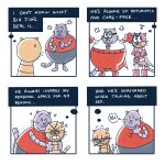 1:1 2025 angry anthro anthro_on_anthro big_jim_(dog_man) blush bodily_fluids clothing comic cross-popping_vein dog_man_(series) domestic_cat duo english_text eyes_closed eyewear felid feline felis floating_heart glasses grampa_(dog_man) heart_symbol hi_res hug male male/male mammal ohmeowgerd overweight overweight_male purple_body shirt smile superhero_costume sweat sweatdrop text topwear