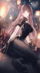 1girl absurdres ass black_dress black_gloves black_pantyhose black_shrug blush breasts china_dress chinese_clothes closed_mouth collared_shrug dress girls&#039;_frontline girls&#039;_frontline_2:_exilium gloves hair_bun highres lamppost large_breasts looking_at_viewer makiatto_(embroidered_bamboo_blooming_shadows)_(girls&#039;_frontline_2) makiatto_(girls&#039;_frontline_2) official_alternate_costume on_floor pantyhose purple_eyes purple_hair renoahh shrug_(clothing) single_hair_bun single_side_bun snow_print soles solo wa2000_(girls&#039;_frontline) watermark 