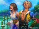  1boy 1girl black_bra black_overalls blonde_hair bra bra_peek brown_hair closed_eyes commentary copyright_name copyright_notice detached_sleeves english_commentary final_fantasy final_fantasy_x hakama hakama_skirt head_back highres japanese_clothes jewelry laughing magic:_the_gathering necklace niji707 obi official_art overalls purple_hakama railing sash short_hair skirt smile tidus underwear yuna_(ff10) 