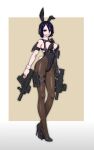  1girl absurdres animal_ears arms_at_sides black_necktie blue_hair breasts chest_harness covered_navel detached_collar dual_wielding explosive fake_animal_ears fake_tail finger_on_trigger full_body grenade grin gun harness headset high_heels highleg highleg_leotard highres holding holding_gun holding_weapon holster leotard looking_at_viewer medium_breasts necktie original pantyhose playboy_bunny prosthesis prosthetic_arm purple_eyes rabbit_ears rabbit_tail science_fiction sharp_teeth short_hair smile solo standing strapless strapless_leotard submachine_gun tactical_playboy_bunny tail tanke_laide teeth thigh_holster very_short_hair weapon wrist_cuffs 