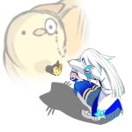  1girl armband arms_up bird blue_armband blue_hair blue_skirt blue_thighhighs blunt_ends boots cassava_03 cat_shadow_puppet_(meme) commentary frilled_skirt frills from_behind hair_ornament highres jacket knee_boots legwear_garter lize_helesta lize_helesta_(1st_costume) long_hair long_sleeves looking_at_another meme miniskirt monocle multicolored_hair nijisanji pleated_skirt sebastian_piyodore shadow shadow_puppet sidelocks simple_background skindentation skirt squatting thighhighs two-tone_hair virtual_youtuber white_background white_boots white_hair white_jacket yellow_bird zettai_ryouiki zoom_layer 