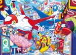  1boy :d claws clothed_pokemon cloud commentary_request day flower food gulpin hat headband holding jacket latias latios lickitung minun mudkip official_art open_clothes open_jacket open_mouth orange_jacket outdoors pikachu pink_flower plate plusle poke_ball_print pokemon pokemon_(creature) pokemon_focus riding riding_pokemon sign sky smile squawkabilly stool tatsugiri tongue torchic treecko yellow_eyes 