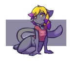  2019 4_fingers anthro ashley_(mewgle) blonde_hair bottomless clothed clothing collar domestic_cat english_text felid feline felis female fingers fur grey_body grey_fur hair mammal meme mewgle orange_eyes red_clothing red_shirt red_topwear shirt simple_background smile solo text topwear until_it_snaps white_background 