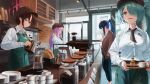  4girls absurdres apron atsuko_(blue_archive) barista black_necktie blue_archive blue_eyes blue_hair bocchi_(kuropom7) bottle breasts brown_eyes brown_hair brown_hat cabinet cafe character_request check_character closed_eyes coffee coffee_beans coffee_grinder coffee_maker coffee_pot collared_shirt counter cup disposable_cup door dress_shirt food green_apron green_eyes green_hair hair_over_one_eye hat high_ponytail highres hiyori_(blue_archive) holding holding_kettle holding_tray indoors jacket jacket_on_shoulders kettle large_breasts long_hair looking_down low-tied_long_hair menu_board misaki_(blue_archive) multiple_girls necktie peaked_cap pink_hair plate ponytail saori_(blue_archive) shirt short_hair short_necktie sidelocks tray white_shirt window 