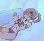  1girl aqua_background assault_lily bikini black_bikini black_choker black_hair black_ribbon blush breasts choker cleavage closed_mouth cowboy_shot cross-laced_bikini cross-laced_clothes earrings flower flower_earrings flower_knot gradient_background green_eyes hair_flower hair_ornament hair_ribbon hand_up highres inflatable_dolphin inflatable_toy jewelry light_smile looking_at_object lying medium_breasts medium_hair navel official_alternate_costume official_alternate_hairstyle on_back ponytail purple_background ribbon rui_rui_rui0122 see-through_clothes see-through_shirt shirt short_sleeves solo swimsuit swimsuit_cover-up wang_yujia white_flower wrist_ribbon yellow_ribbon 