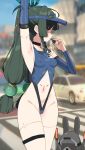  1girl absurdres android arm_up armpits bangboo_(zenless_zone_zero) blurry blurry_background braid breasts car covered_nipples green_eyes green_hair highleg highleg_leotard highres holding holding_whistle leotard long_hair motor_vehicle navel presenting_armpit qingyi_(zenless_zone_zero) revealing_clothes revision small_breasts solo sweaty_armpits thigh_strap thighs twin_braids twintails w.k whistle zenless_zone_zero 