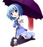  bad_id bad_pixiv_id black_legwear blue_eyes blue_hair blush breasts hair_ornament hairclip heterochromia highres karakasa_obake medium_breasts open_mouth purple_umbrella shinhoya short_hair sitting skirt smile solo tatara_kogasa thighhighs tongue touhou umbrella 