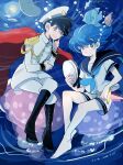  2boys 33gihome air_bubble back_hair black_boots black_hair blue_eyes blue_hair blue_neckerchief boots bubble cape dagger dated epaulettes fish hat highres holding holding_dagger holding_knife holding_weapon jacket jellyfish knife manta_ray multiple_boys neckerchief original pants pantyhose red_cape sailor_collar shorts smile tezuka_osamu_(style) triton_(umi_no_triton) umi_no_triton underwater unworn_hat unworn_headwear weapon white_jacket white_pants white_pantyhose white_shorts 