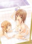  :d :o angry arm_up ass back bad_id bad_pixiv_id bangs bathing bathroom bathtub blush bottle breasts brown_eyes brown_hair collarbone covering covering_breasts flat_chest from_above from_side hair_bobbles hair_ornament holding leaning_forward light_brown_hair long_hair looking_at_viewer lying multiple_girls nude on_stomach open_mouth original shared_bathing shouting shower_head side_ponytail sitting small_breasts smile soap_bottle soap_bubbles steam tile_floor tiles v-shaped_eyebrows wariza water window yoropa 