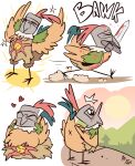 2019 alternate_species anus armor avian avian_feet biped bird blush brown_body chicken clothed clothed_feral clothing dark_souls day eyes_closed feathered_wings feathers feral fromsoftware fuf furrification galliform gallus_(genus) headgear heart_symbol helmet hi_res holding_melee_weapon holding_object holding_sword holding_weapon male melee_weapon meme mouth_hold multiple_scenes open_mouth outside phasianid praise_the_sun_(meme) running sitting solaire_of_astora solo sound_effects standing sword weapon wings x_anus