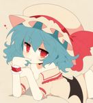  bad_id bad_pixiv_id bat_wings blue_hair haru_(kyou) hat hat_ribbon heart looking_at_viewer lying off_shoulder on_stomach red_eyes remilia_scarlet ribbon shirt solo touhou wings wrist_cuffs 