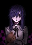  1girl black_background black_choker black_eyes black_ribbon blue_hair checkered_background choker creepy_mita_(miside) dark_background dress hair_over_one_eye highres holding holding_stuffed_toy looking_at_viewer miside missing_texture_(source) mita_(miside) neck_ribbon pale_skin r_o_p_k_o ribbon stuffed_animal stuffed_toy teddy_bear white_dress 