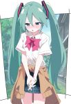  1girl absurdres aqua_eyes aqua_hair aqua_nails averting_eyes blue_skirt blush bow bowtie brown_cardigan cardigan cardigan_around_waist clothes_around_waist collared_shirt cowboy_shot day embarrassed green_eyes green_hair green_nails hair_between_eyes hair_ornament hatsune_miku highres hutaba_haru interlocked_fingers jacket jacket_around_waist long_hair looking_down miniskirt nail_polish nose_blush open_mouth outdoors own_hands_together pink_bow pink_bowtie plaid_clothes plaid_skirt pleated_skirt red_bow red_bowtie school_uniform shirt short_sleeves skirt solo standing sweater sweater_around_waist tree twintails v_arms very_long_hair vocaloid white_shirt 