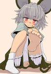  animal_ears bangs barefoot bloomers capelet covering covering_crotch dress feet ishikkoro long_sleeves looking_at_viewer mouse_ears mouse_tail nazrin pink_background red_eyes short_hair single_sock socks soles solo sweatdrop tail touhou underwear 