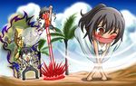  2boys beach black_hair blood blush chiba_isshin chibi cloud crossover d: day dio_brando emiya_kiritsugu emiya_norikata epic_nosebleed fate/zero fate_(series) glasses jojo_no_kimyou_na_bouken miruno multiple_boys nosebleed open_mouth outdoors palm_tree ponytail seiyuu_connection shirley_(fate/zero) sky stand_(jojo) stardust_crusaders tan the_world translated tree wind 