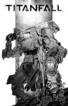  1boy 1other absurdres aldenk_art animification assault_rifle bt-7274 copyright_name gloves glowing glowing_eye glowing_eyes greyscale gun highres holding holding_gun holding_weapon jack_cooper looking_at_viewer male_focus mask mecha missile_pod monochrome one-eyed open_hand over_shoulder pouch rifle robot science_fiction shoulder_cannon spot_color titanfall_(series) titanfall_2 vrchat weapon weapon_over_shoulder 