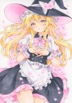  1girl adapted_costume apron blonde_hair blush bow bowtie braid breasts cherry_blossoms collared_shirt commentary flower hair_bow hashtag-only_commentary hat hat_bow hat_flower highres interlocked_fingers kirisame_marisa long_hair looking_at_viewer lying on_back open_mouth own_hands_together pink_bow pink_bowtie pink_flower pink_petals shirt short_sleeves side_braid single_braid sleeve_bow solo touhou twitter_username underbust waist_apron watermark white_apron white_bow white_shirt witch_hat yellow_eyes yuiki_(cube) 