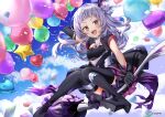  1girl asymmetrical_gloves balloon black_boots black_dress black_gloves blush boots broom broom_riding cleavage_cutout clothing_cutout company_name copyright_notice curly_hair dress elbow_gloves frilled_dress frills gloves gradient_eyes grey_hair hair_bun heart_balloon highres hololive izumi_kirifu knees_together_feet_apart long_hair looking_at_viewer magical_girl mahou_shoujo_holowitch! multicolored_eyes murasaki_shion official_alternate_costume official_alternate_hairstyle official_art outdoors second-party_source short_dress silver_trim single_side_bun sky sleeveless sleeveless_dress smile solo star_balloon teeth thigh_boots thighhighs upper_teeth_only virtual_graduation_commemoration virtual_youtuber witch 