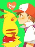  baseball_cap black_hair blush gen_1_pokemon green_background hat kiss pikachu pokemon pokemon_(anime) pokemon_(creature) satoshi_(pokemon) surprised tegaki 