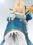  ahoge artoria_pendragon_(all) bird blonde_hair excalibur fate/zero fate_(series) gauntlets greaves green_eyes highres parrot saber short_hair sogno solo sword weapon 