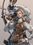  1boy 1girl animal_ears balthier bow_(weapon) commentary copyright_name dark-skinned_female dark_skin ears_through_headwear final_fantasy final_fantasy_xii fingernails fran_(ff12) gun helmet jewelry long_fingernails looking_at_viewer looking_to_the_side magic:_the_gathering makimura_shunsuke multiple_rings official_art parted_lips rabbit_ears ring smile viera weapon white_hair 