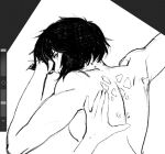  1girl aizheajsee back black_hair black_outline breasts ghost_in_the_shell greyscale highres kusanagi_motoko medium_hair monochrome outline sideboob solo subdermal_port user_interface white_background 