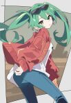  1girl absurdres blue_pants denim desert earrings eyewear_on_head floating_hair green_eyes green_hair hair_between_eyes hatsune_miku highres hoop_earrings hutaba_haru jacket jeans jewelry long_hair long_sleeves looking_at_viewer looking_back open_clothes open_jacket open_mouth pants parted_lips red_jacket shirt solo sunglasses twintails vocaloid white_shirt 