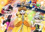  2boys 4girls arms_up black_hair brown_hair crown dress earrings fangs flower flower_earrings gem gloves grin hand_on_hip hands_up happy hat inkling jewelry leg_up lights looking_at_viewer mario mario_(series) mario_party mask multiple_boys multiple_girls nintendo open_mouth orange_eyes orange_hair princess_daisy short_hair singer skirt smile splatoon splatoon_(series) stockings super_mario_land super_smash_bros. tentacle_hair tomboy tongue white_gloves white_hair wink yellow_dress yoshi 