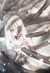  dress flower funakura grey_eyes highres long_hair original sitting solo wedding_dress white_hair 