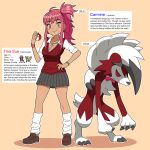 1:1 anthro bottomwear bow_tie carmine_(knight-of-syrinx) claws clothing digital_media_(artwork) english_text female fur generation_7_pokemon hair hi_res human jewelry knight-of-syrinx leg_warmers legwear lycanroc male mammal midnight_lycanroc nintendo pink_eyes pink_hair pokeball pokemon pokemon_(species) red_body red_eyes red_fur skirt text tina_sue_(knight-of-syrinx) topwear vest