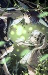  1boy 1girl armlet armor belt black_belt black_bridal_gauntlets black_hair black_leggings black_shorts blue_hat blue_sleeves blunt_ends blurry bracelet bridal_gauntlets bright_pupils closed_mouth cross-shaped_pupils depth_of_field detached_sleeves dress expressionless eyelashes falling_leaves furisode genshin_impact gold gold_ring gold_trim green_eyes green_hair green_sleeve_cuffs hair_ornament hakama hakama_shorts hat heart heart_hair_ornament height_difference highres japanese_armor japanese_clothes jewelry jingasa kimono kote kurokote layered_sleeves leaf leg_warmers leggings long_hair looking_at_another middle_ring multicolored_hair nahida_(genshin_impact) open_hands outstretched_arms plant pleated_shorts pointy_ears purple_rope purple_sash rope sash scaramouche_(genshin_impact) short_sleeves shorts side_ponytail sidelocks smile streaked_hair symbol-shaped_pupils tareme tnri_0404 vines wanderer_(genshin_impact) white_dress white_hair white_kimono white_leg_warmers white_pupils 