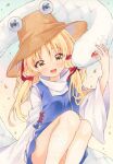  1girl animal blonde_hair blush breasts brown_hat commentary hair_ribbon hashtag-only_commentary hat highres long_hair long_sleeves looking_at_viewer mishaguji moriya_suwako open_mouth oversized_animal purple_skirt purple_vest red_ribbon ribbon skirt skirt_set smile snake solo touhou twitter_username vest watermark white_snake wide_sleeves yellow_eyes yuiki_(cube) 