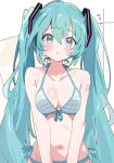  1girl absurdres aqua_bikini aqua_eyes aqua_hair arm_tattoo bare_arms bare_shoulders bikini blue_bikini blush breasts cleavage collarbone cowboy_shot dot_nose flying_sweatdrops front-tie_bikini_top front-tie_top hair_between_eyes hair_ornament halterneck hatsune_miku highres hutaba_haru long_hair looking_at_viewer medium_breasts navel number_tattoo parted_lips shoulder_tattoo side-tie_bikini_bottom simple_background solo stomach straight-on string_bikini striped_bikini striped_clothes swimsuit tattoo twintails upper_body v_arms very_long_hair vocaloid white_background 