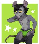 american_opossum anthro black_hair bodily_fluids body_hair bottomwear bracelet briefs bulge chest_hair clothed clothing didelphid digital_media_(artwork) ear_piercing eye_bags fangs fur fur_markings gesture green_background green_clothing green_underwear grey_body hair hairless_tail half-length_portrait happy_trail inner_ear_fluff jewelry looking_at_viewer male mammal markings marsupial multicolored_body necklace nipples pants partially_clothed piercing portrait red_eyes saliva saliva_on_tongue simple_background solo spicyramen star_(marking) stubble suggestive suggestive_gesture tail taking_off_pants teeth tongue tongue_out tuft two_tone_body underwear undressing wristband yaki_(spicyramen) yellow_sclera