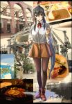  alternate_costume artist_name black_hair food-themed_background highres kantai_collection long_hair orange_skirt pantyhose ponytail red_eyes seitei_(04seitei) shirt sidelocks skirt very_long_hair white_shirt yahagi_(kancolle) 